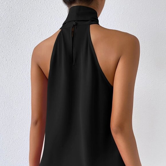 Black Preppy Womens Solid Tie Neck Halter Top - Picture 4 of 5